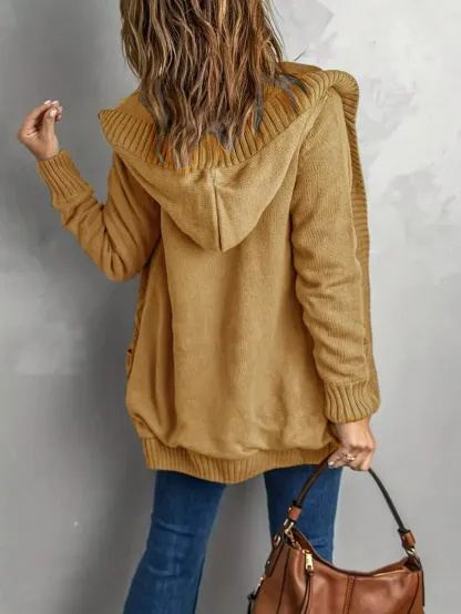 Women Plus Size Solid Color Pocket Jacket Elegant Casual Mature Long Sleeve Cardigan With Hood