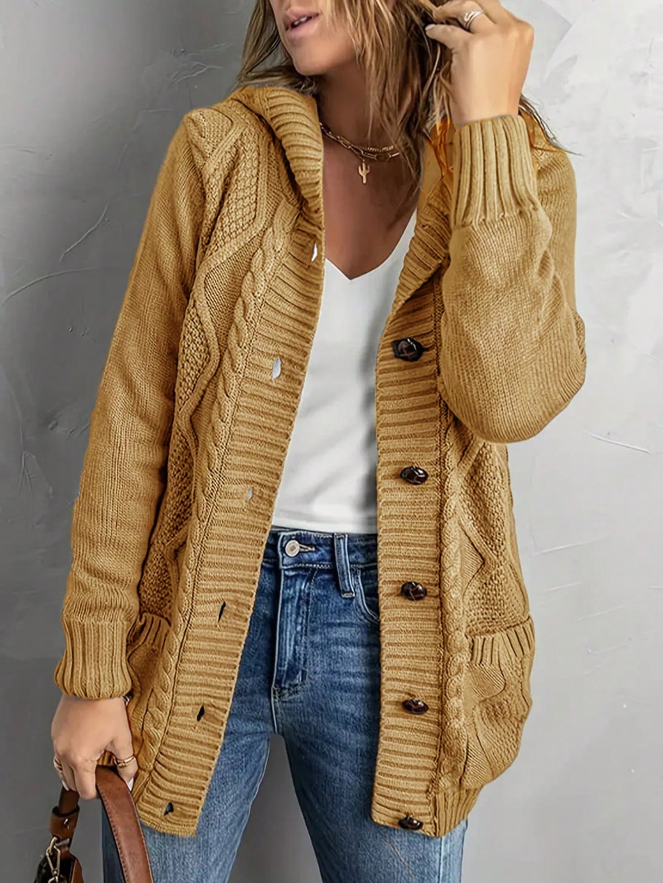 Women Plus Size Solid Color Pocket Jacket Elegant Casual Mature Long Sleeve Cardigan With Hood