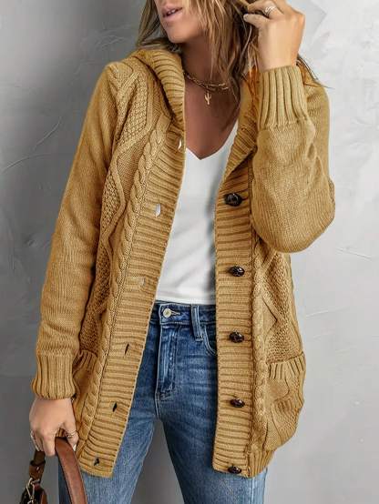 Women Plus Size Solid Color Pocket Jacket Elegant Casual Mature Long Sleeve Cardigan With Hood