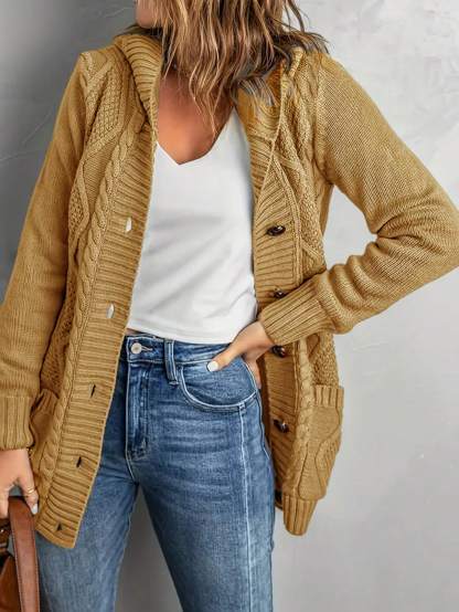Women Plus Size Solid Color Pocket Jacket Elegant Casual Mature Long Sleeve Cardigan With Hood