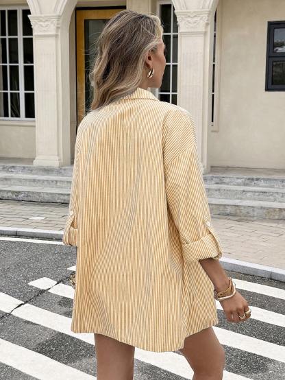 Women's Striped Long Sleeve Single-Breasted Shirt And Shorts Casual Two Pieces Set