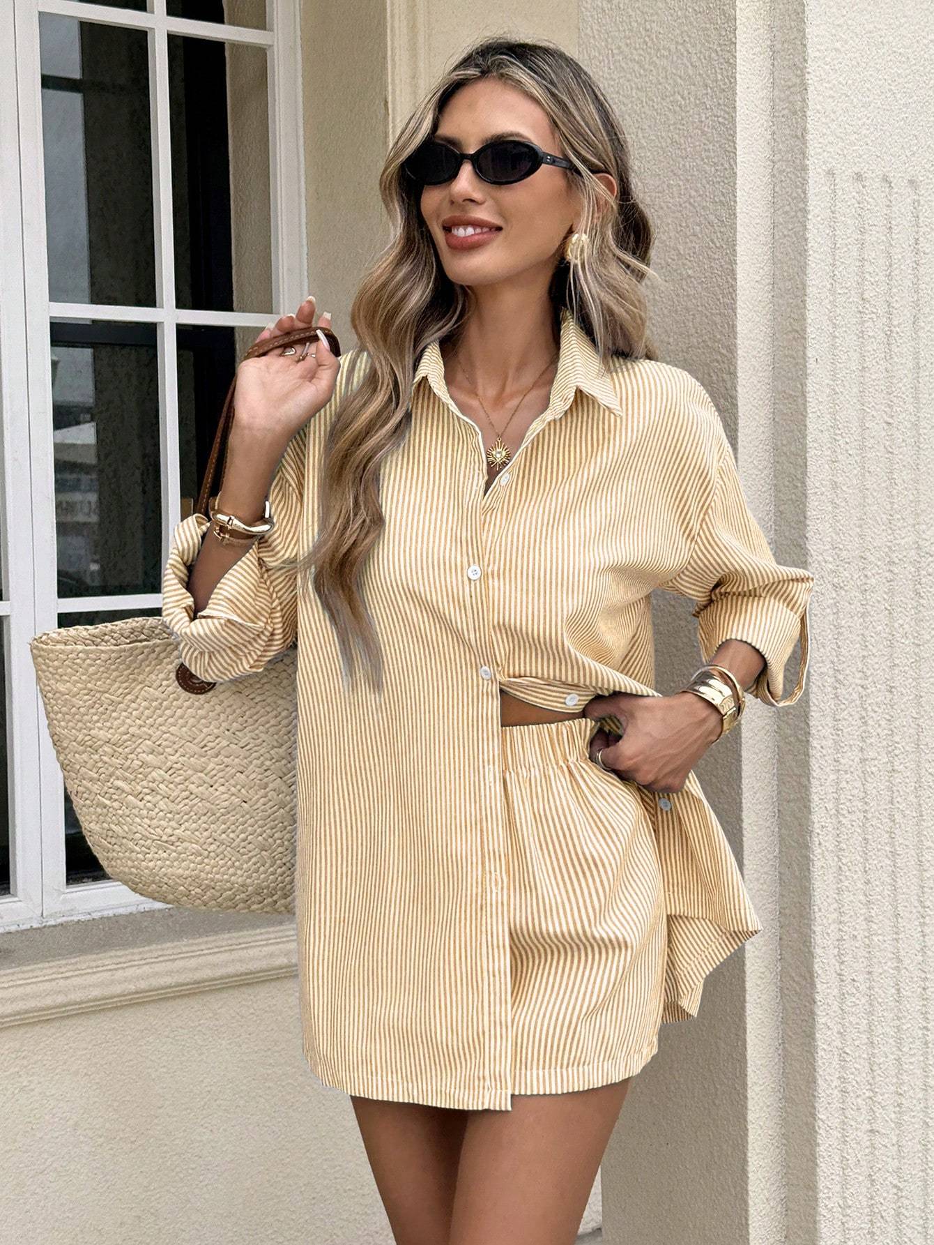 Women's Striped Long Sleeve Single-Breasted Shirt And Shorts Casual Two Pieces Set