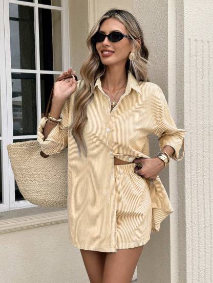 Women's Striped Long Sleeve Single-Breasted Shirt And Shorts Casual Two Pieces Set