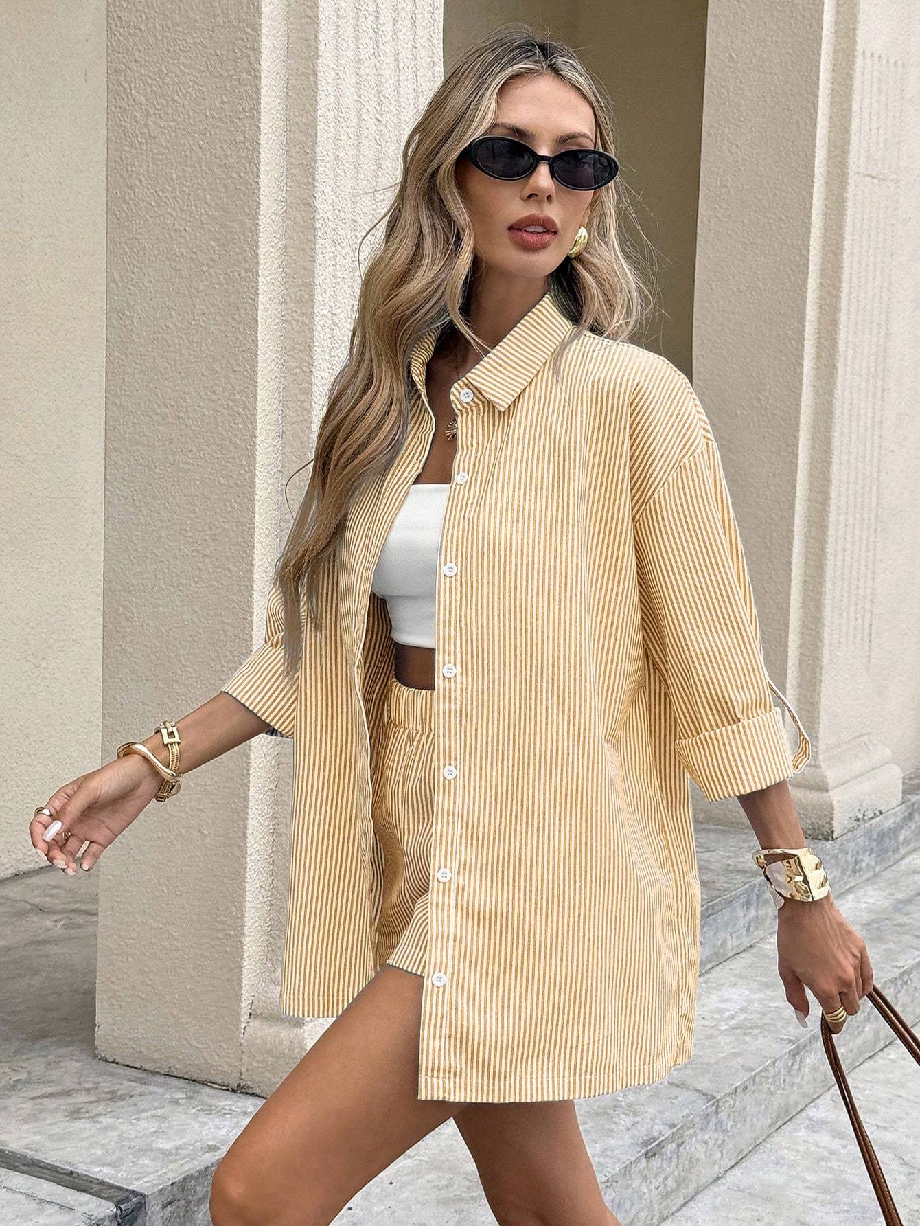 Women's Striped Long Sleeve Single-Breasted Shirt And Shorts Casual Two Pieces Set