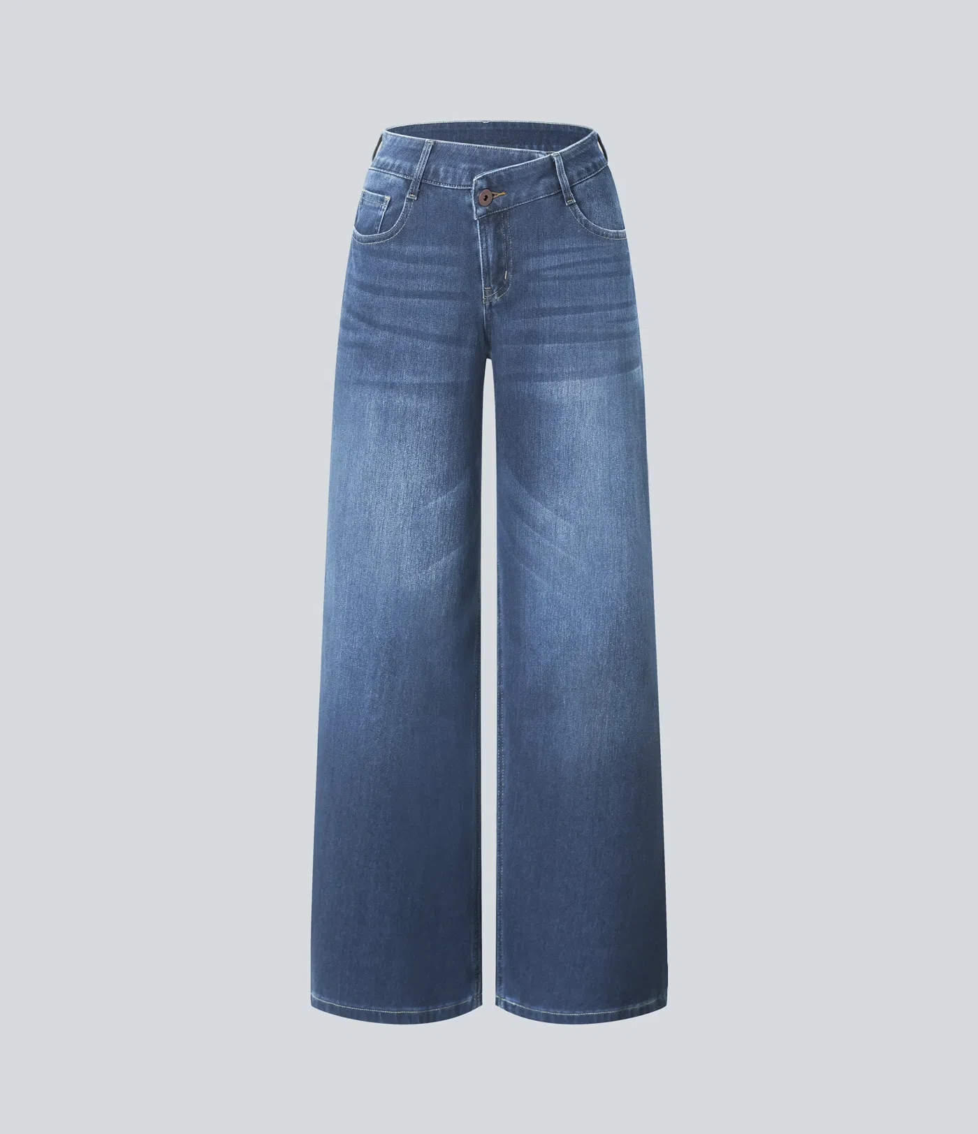 Asymmetric Low Rise Zipper Pockets Baggy Wide Leg Washed Casual Jeans