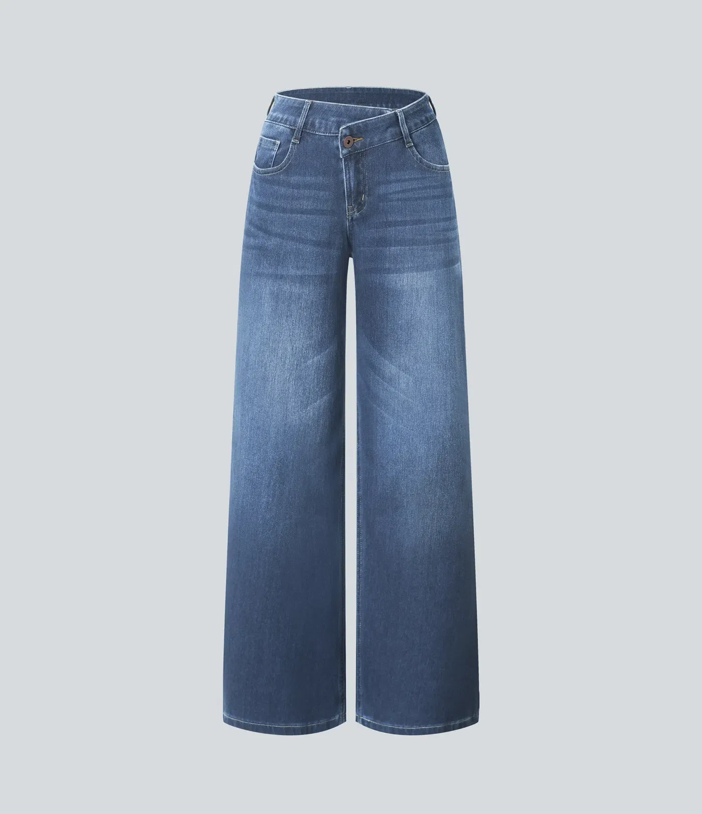 Asymmetric Low Rise Zipper Pockets Baggy Wide Leg Washed Casual Jeans