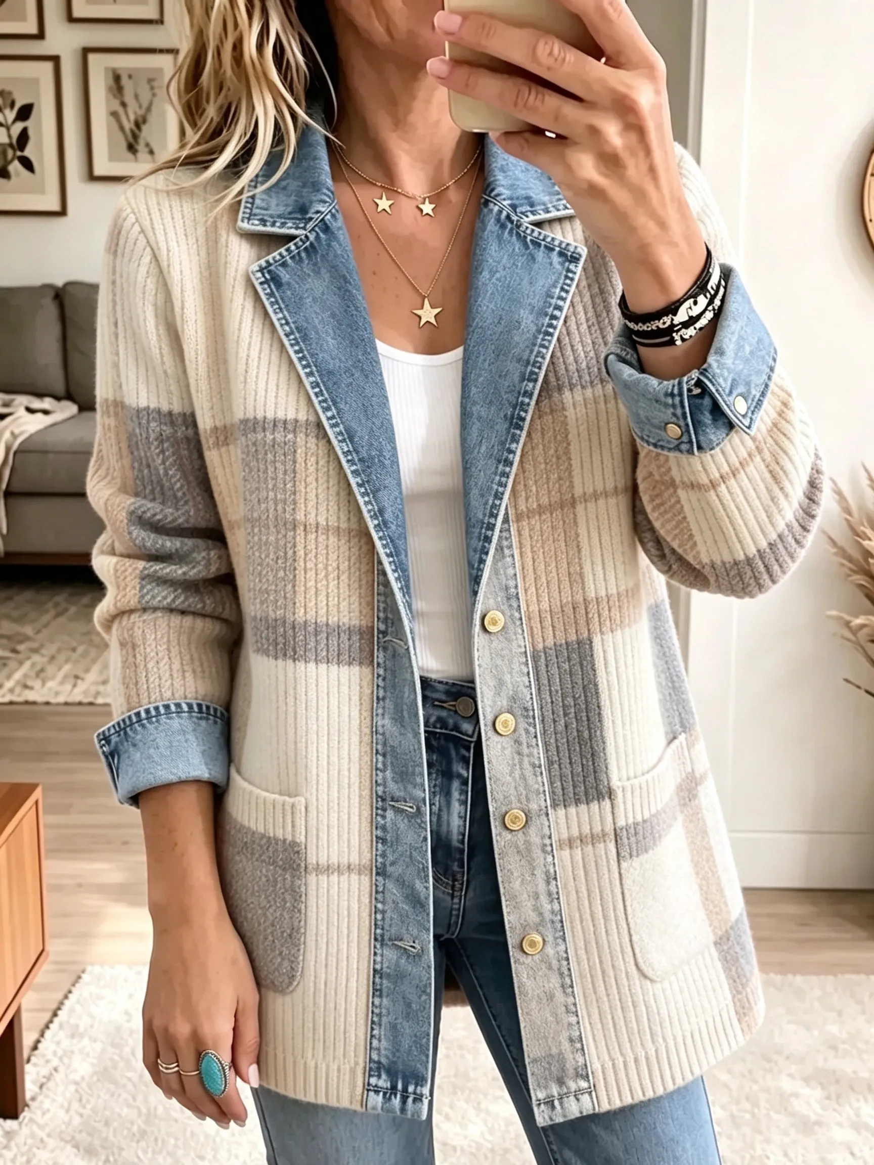 Boho Plaid Corduroy Denim Spliced Jacket