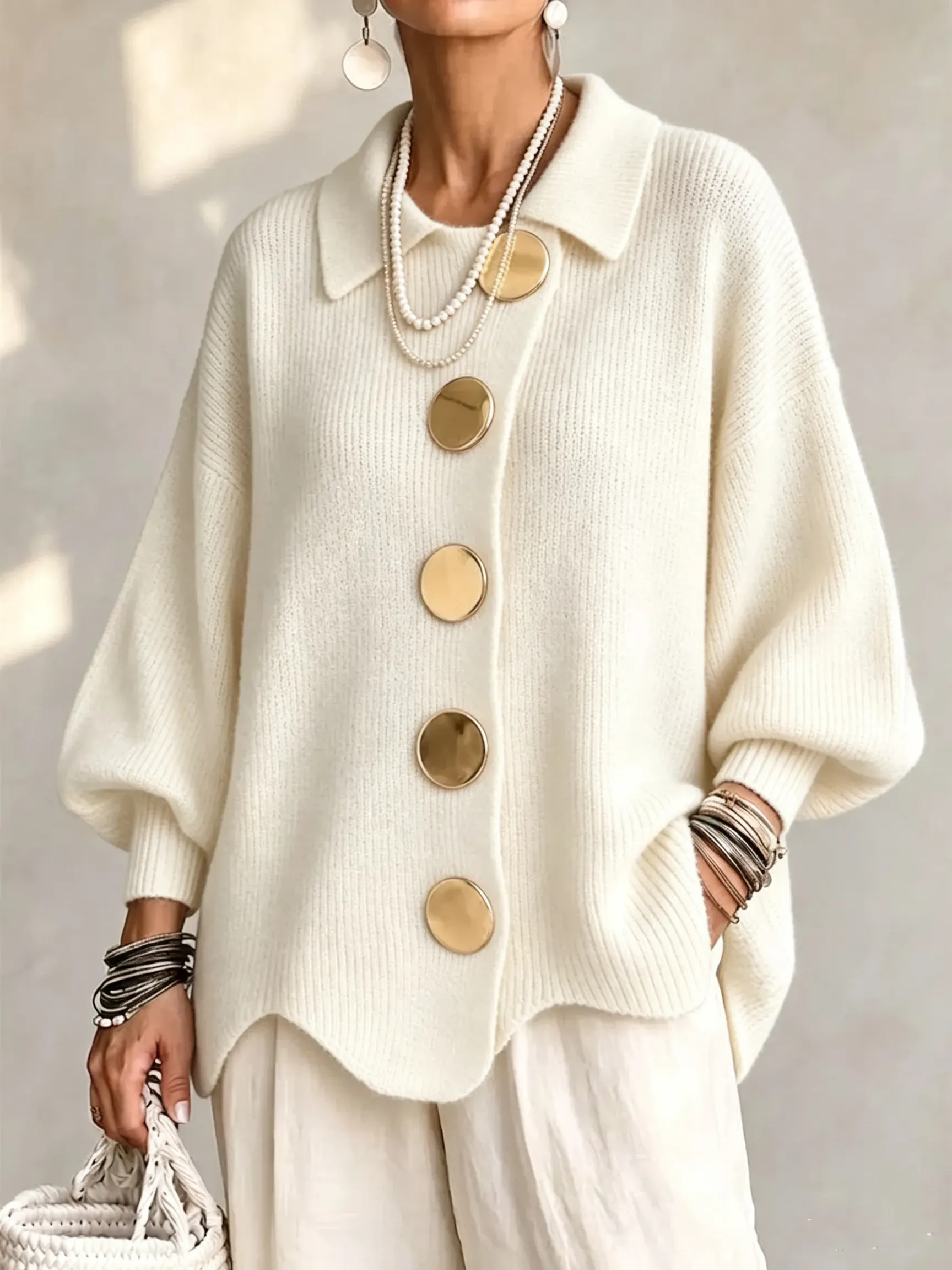 Oversized Collared Knit Cardigan With Large Metal Buttons