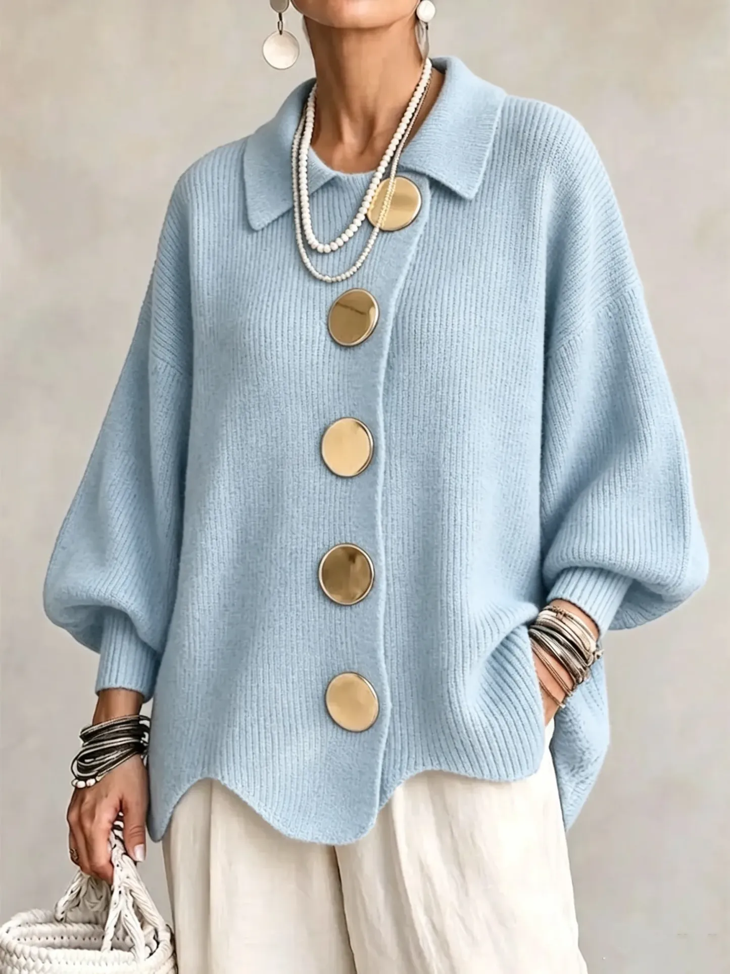 Oversized Collared Knit Cardigan With Large Metal Buttons