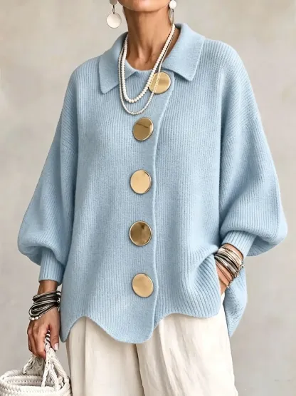 Oversized Collared Knit Cardigan With Large Metal Buttons