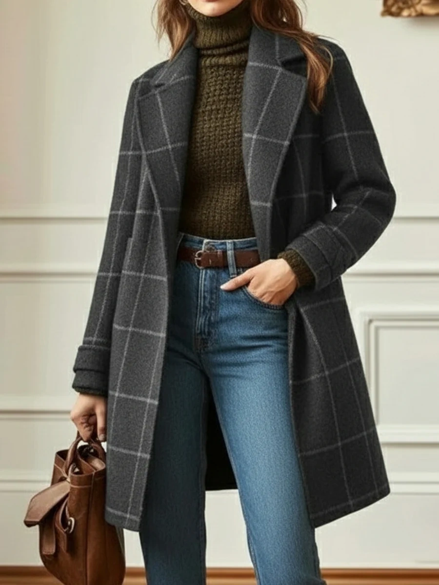 Windowpane Plaid Wool-Blend Coat