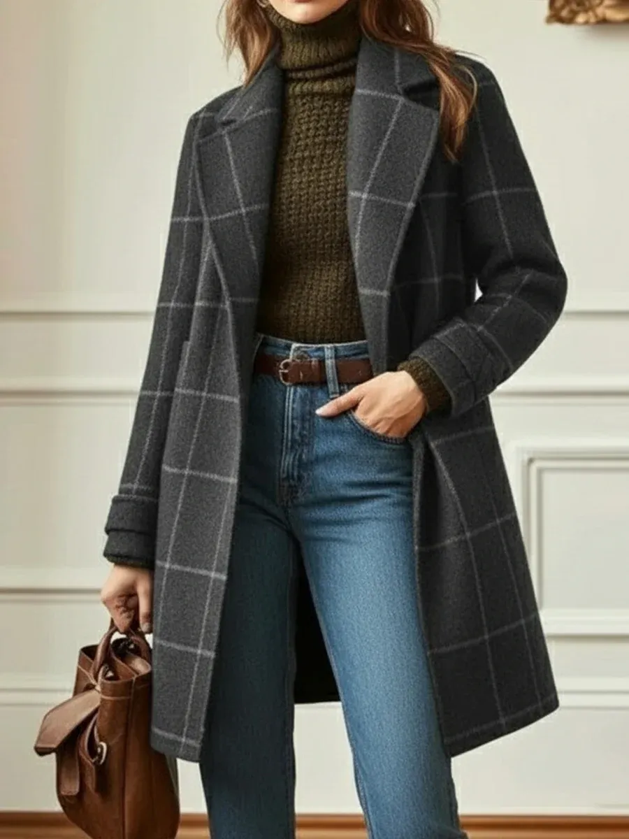 Windowpane Plaid Wool-Blend Coat