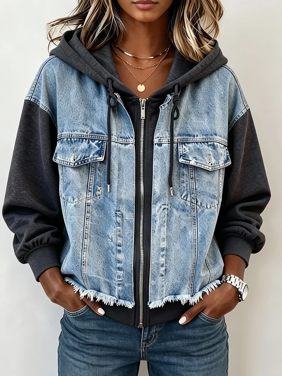 Western Spliced Zip‑Up Denim Hooded Jacket
