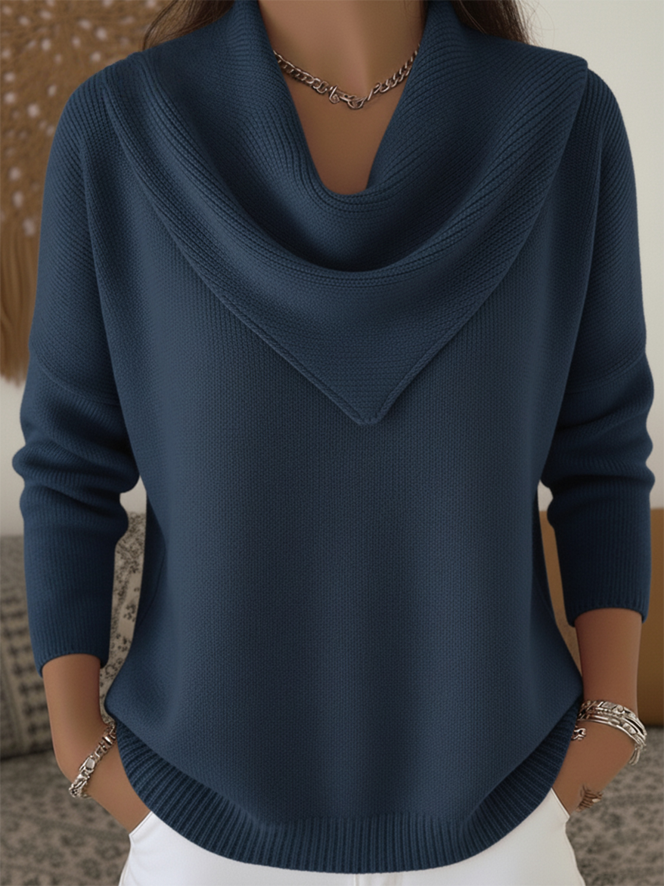 Elegant Retro Soft Triangle Neck Solid Color Sweater Top