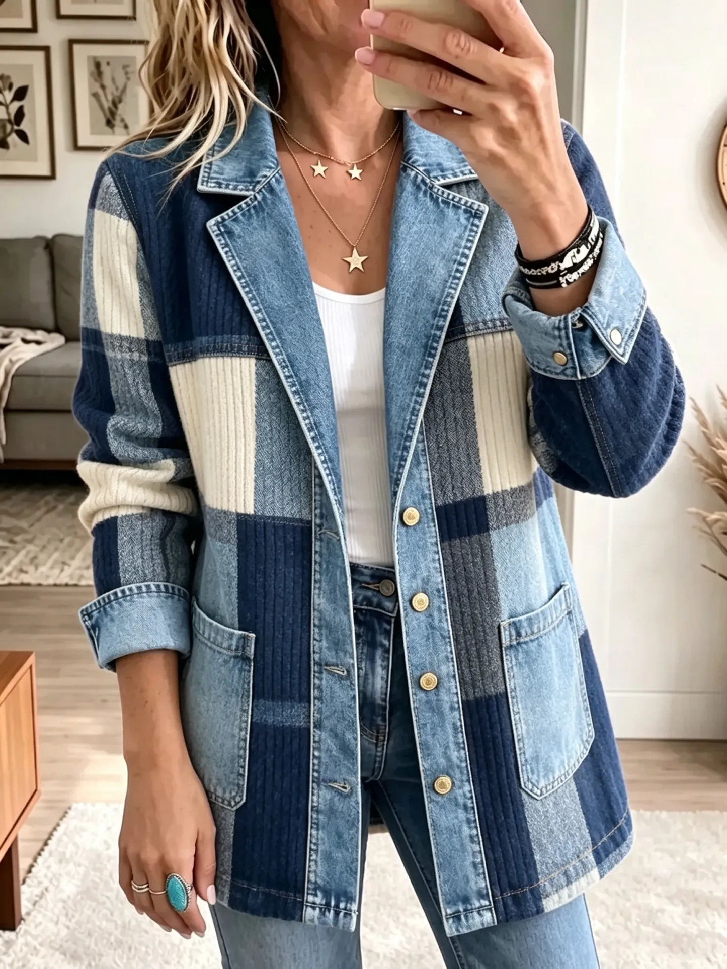 Boho Plaid Corduroy Denim Spliced Jacket