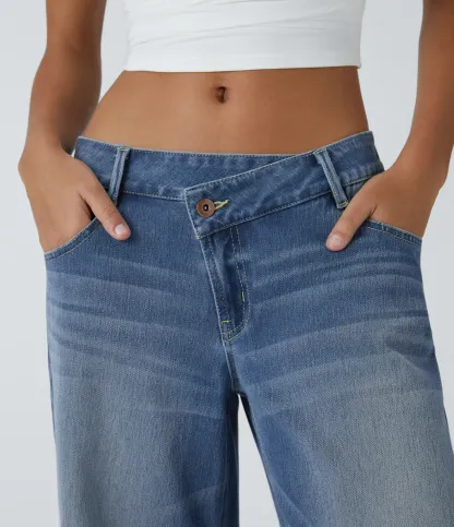 Asymmetric Low Rise Zipper Pockets Baggy Wide Leg Washed Casual Jeans