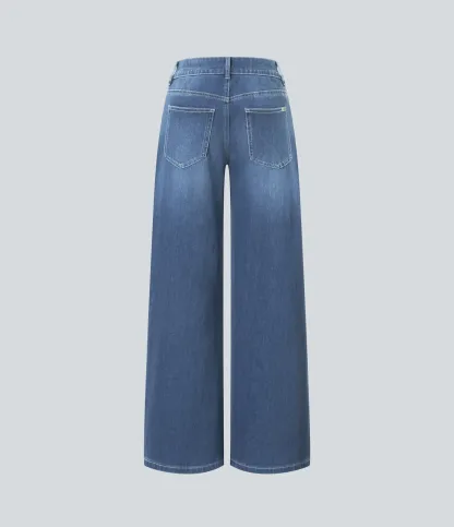 Asymmetric Low Rise Zipper Pockets Baggy Wide Leg Washed Casual Jeans