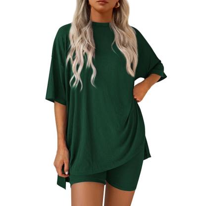 New Women's Round Neck Short Sleeve Split Loose Short Sleeve Shorts Loungewear Set