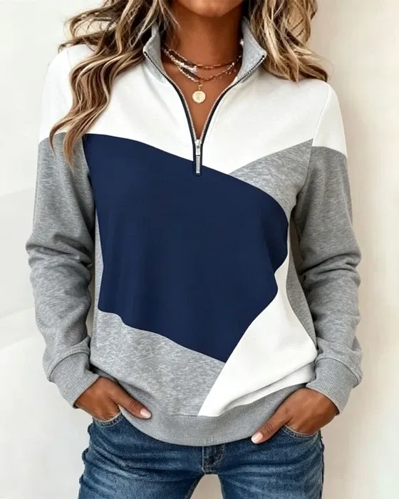 Colour Block Half Zip Stand Collar Sweatshirt