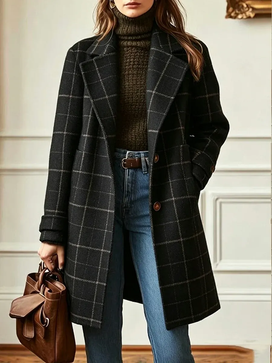 Windowpane Plaid Wool-Blend Coat