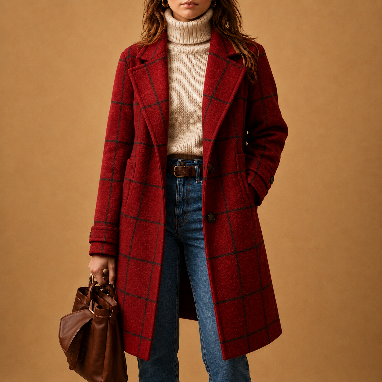 Windowpane Plaid Wool-Blend Coat