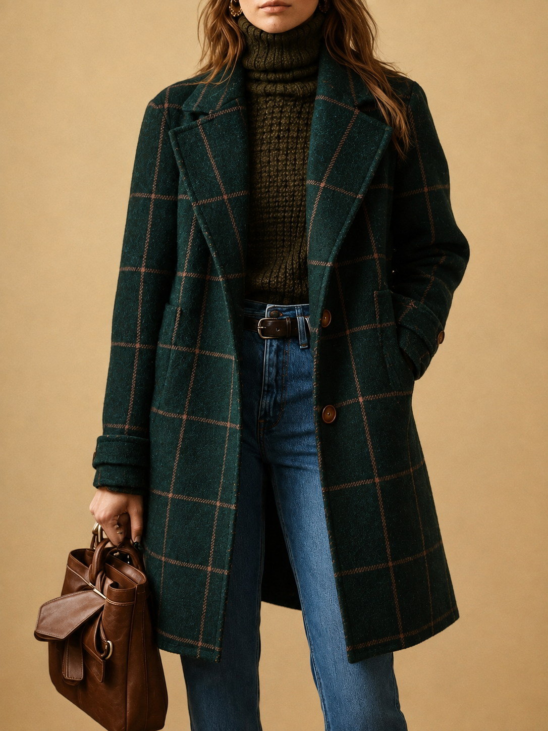 Windowpane Plaid Wool-Blend Coat