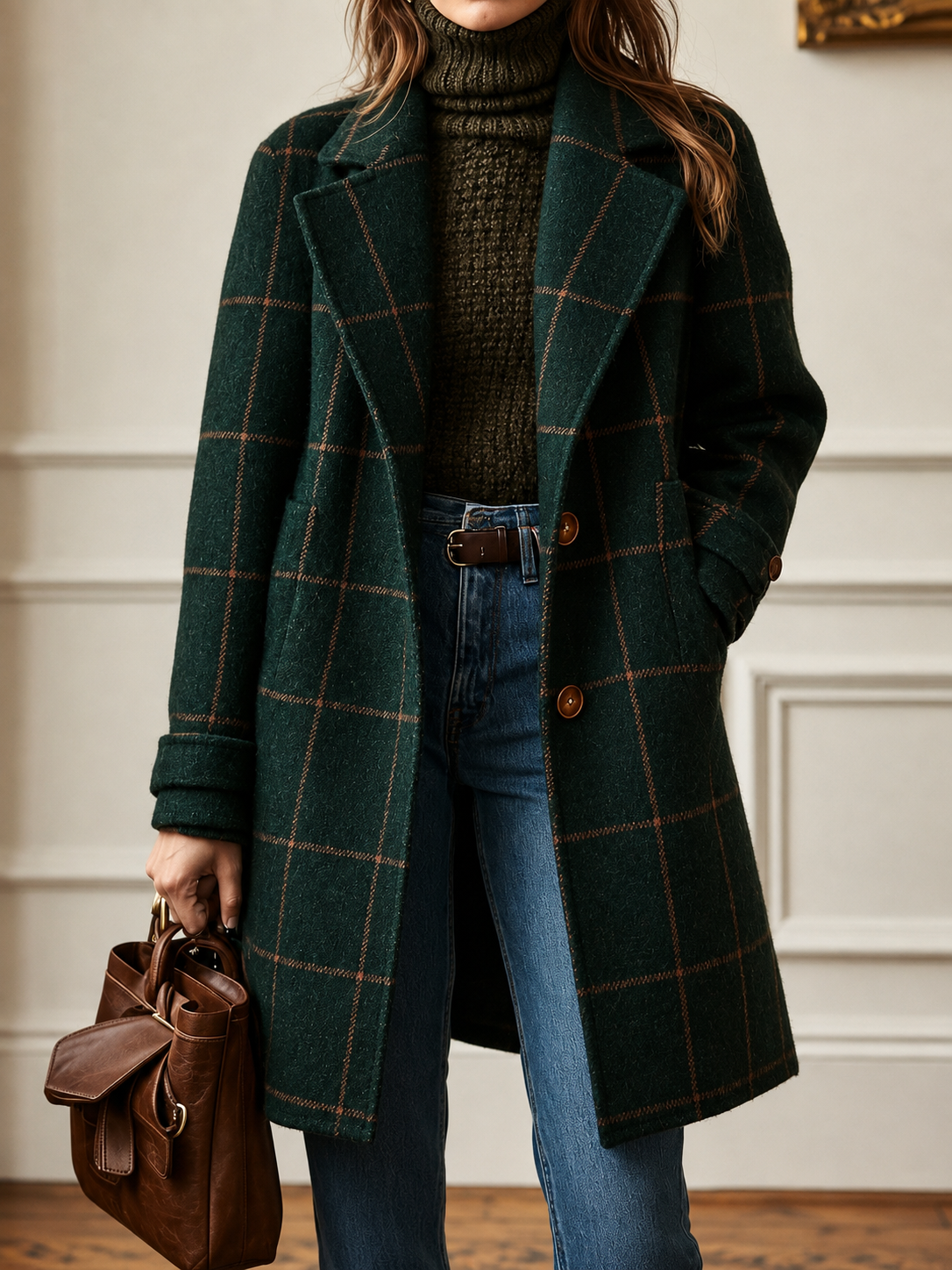 Windowpane Plaid Wool-Blend Coat