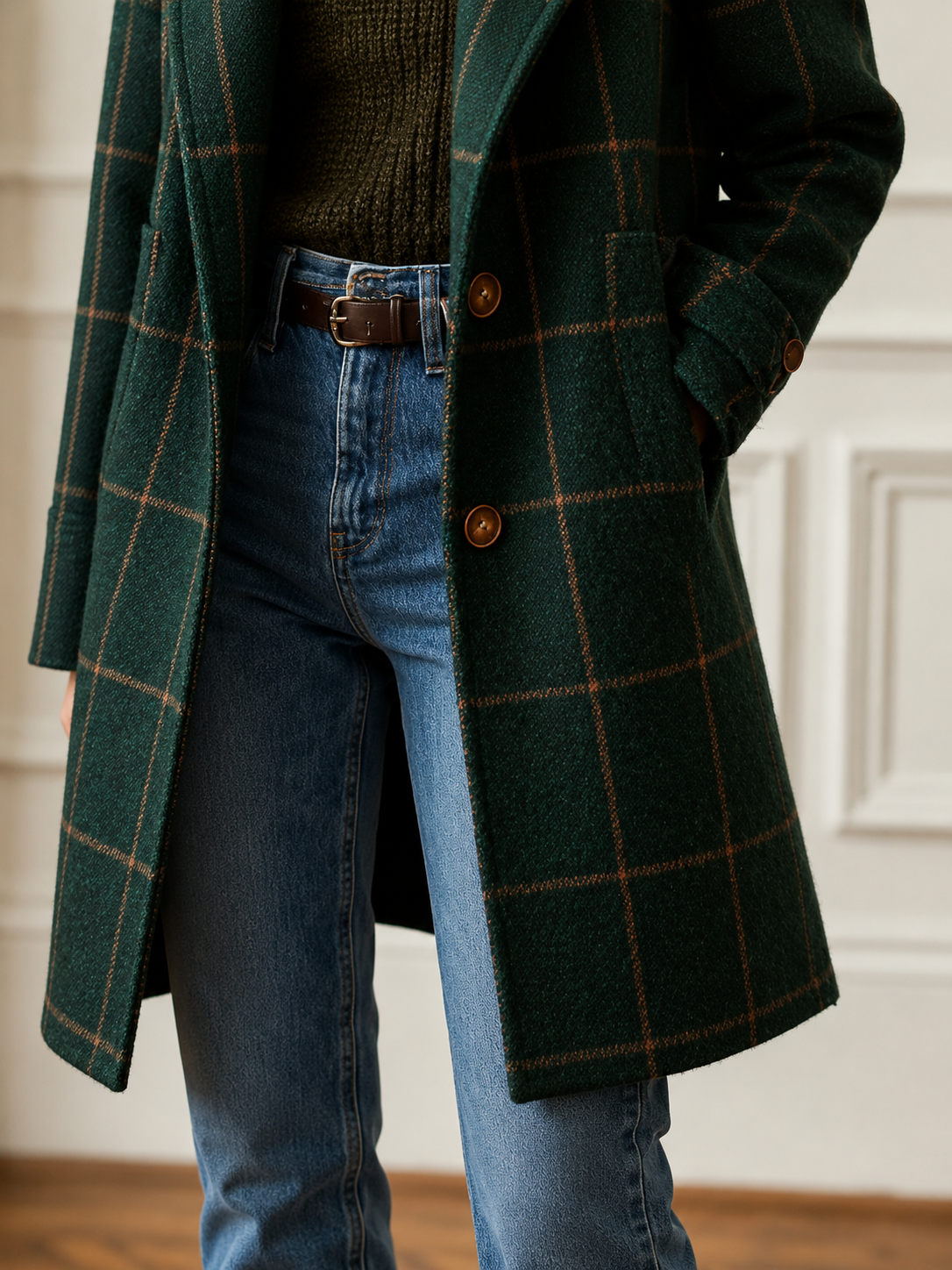 Windowpane Plaid Wool-Blend Coat