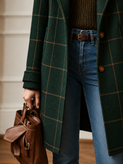 Windowpane Plaid Wool-Blend Coat
