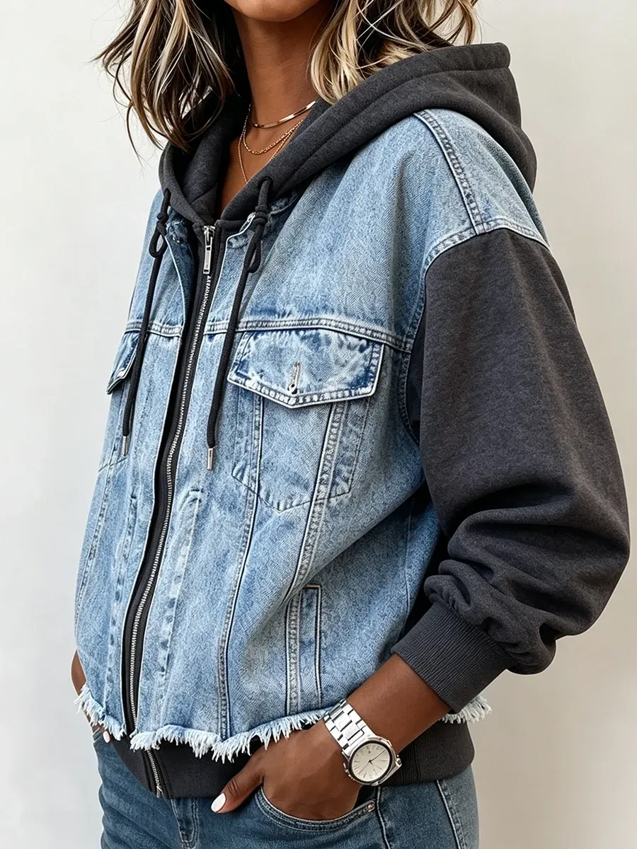 Western Spliced Zip‑Up Denim Hooded Jacket