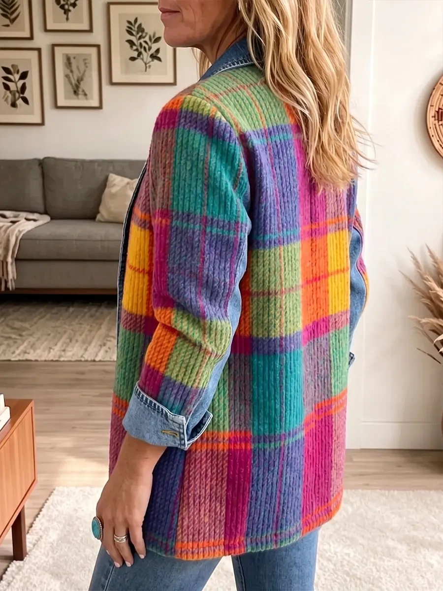 Boho Plaid Corduroy Denim Spliced Jacket