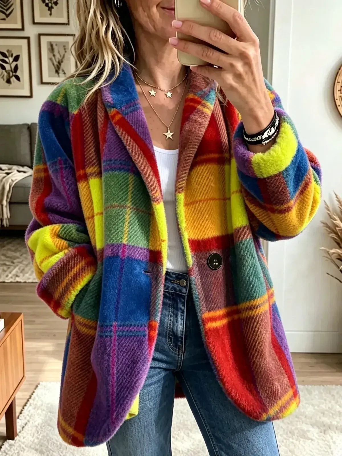 Vibrant Plaid Fuzzy Fleece Jacket