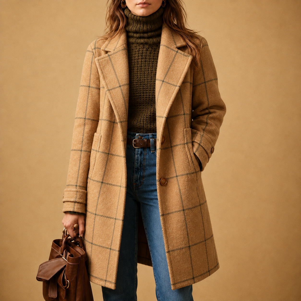 Windowpane Plaid Wool-Blend Coat