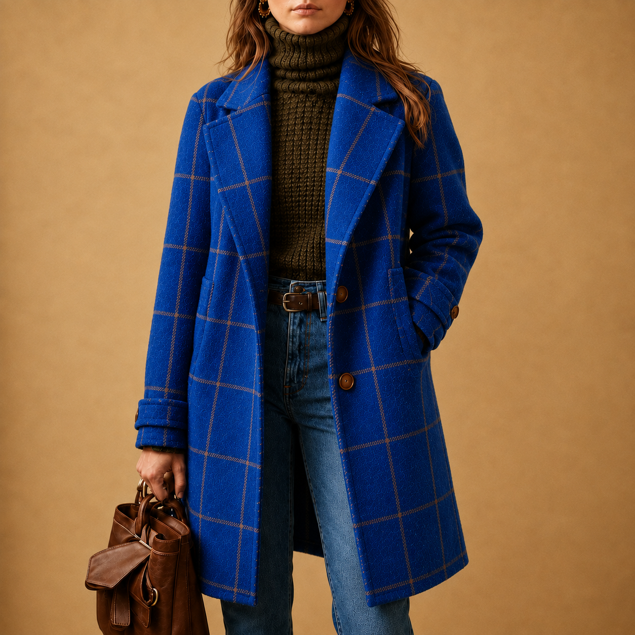 Windowpane Plaid Wool-Blend Coat