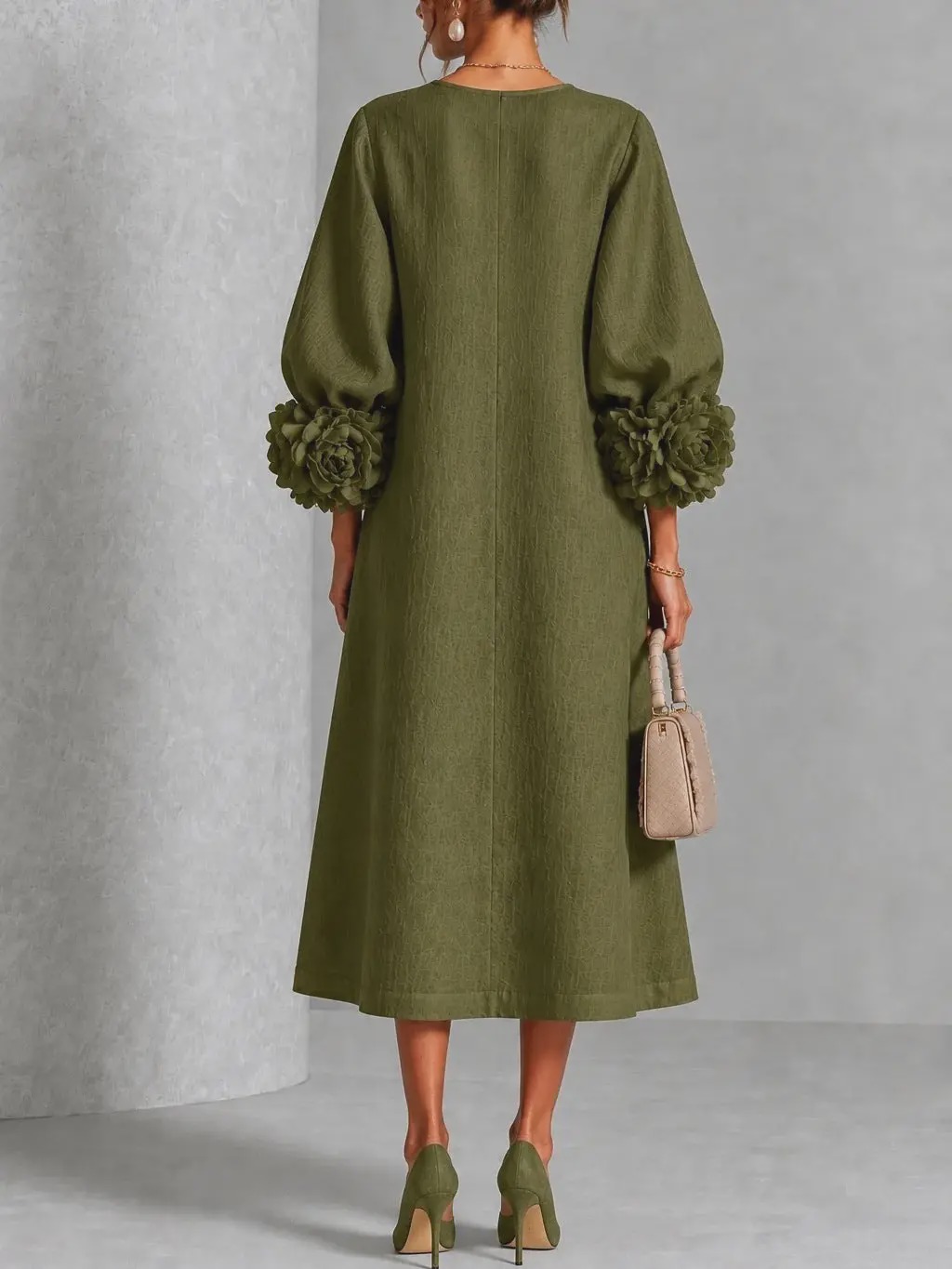 Chic Chambray Denim 3D Rosette Sleeve Midi Dress