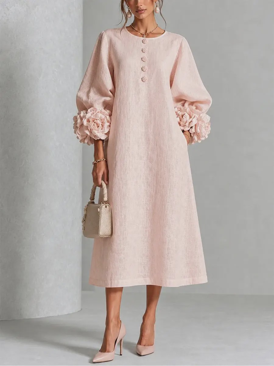 Chic Chambray Denim 3D Rosette Sleeve Midi Dress