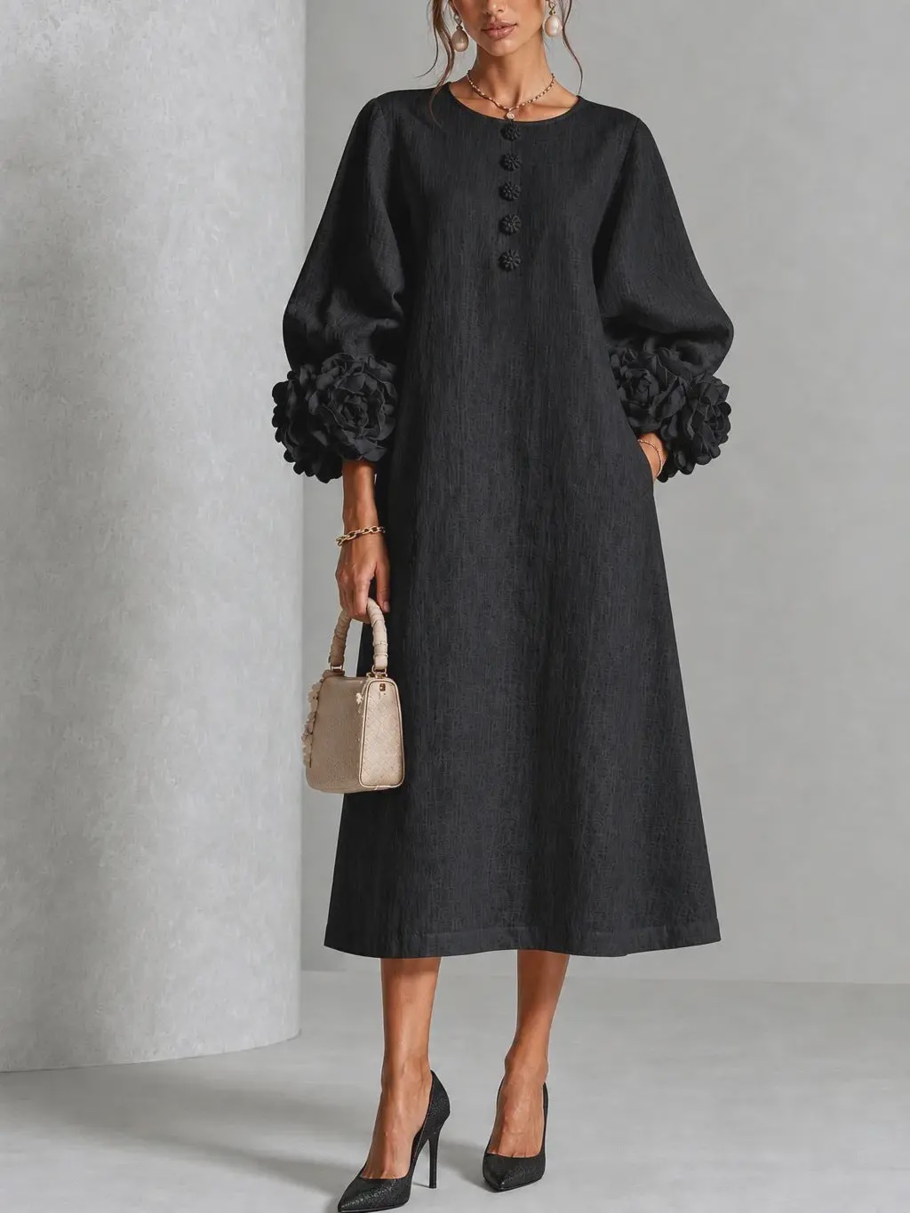 Chic Chambray Denim 3D Rosette Sleeve Midi Dress
