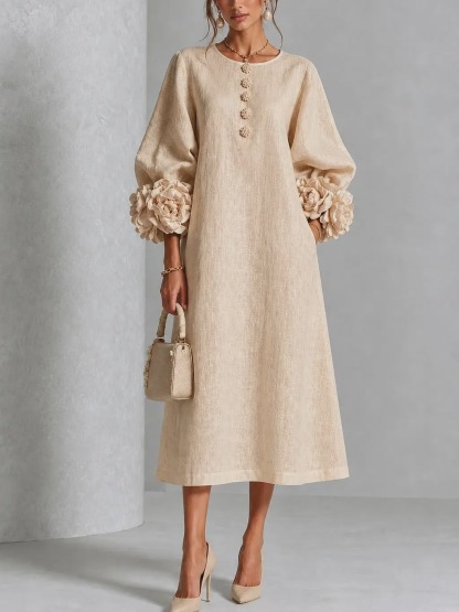 Chic Chambray Denim 3D Rosette Sleeve Midi Dress
