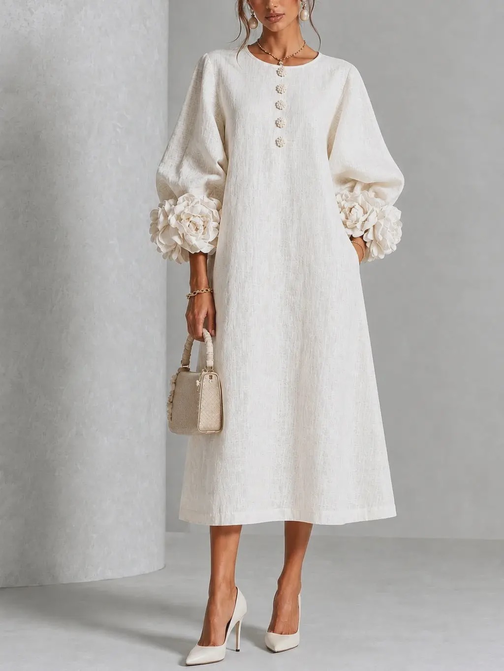 Chic Chambray Denim 3D Rosette Sleeve Midi Dress