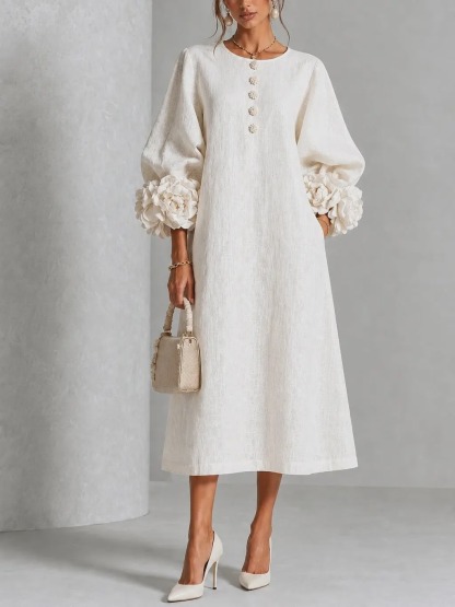 Chic Chambray Denim 3D Rosette Sleeve Midi Dress