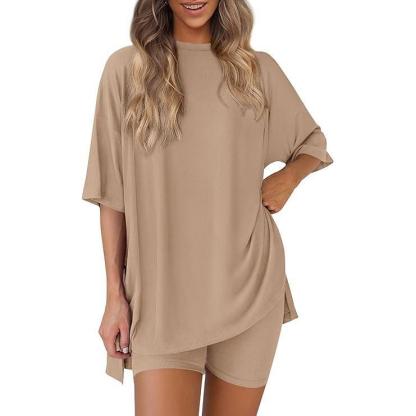 New Women's Round Neck Short Sleeve Split Loose Short Sleeve Shorts Loungewear Set