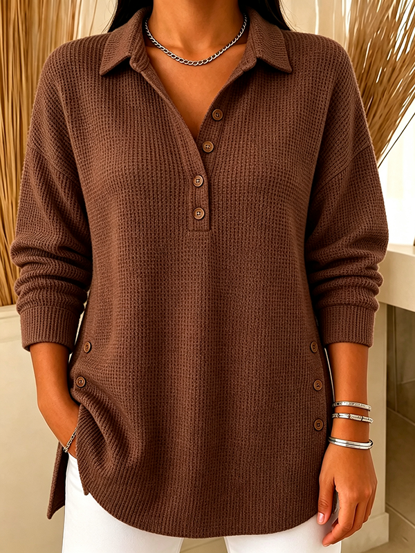 CLEARANCE SALE🔥Women’s Waffle Knit Polo Collar Button Detail Relaxed Fit Long Sleeve Top