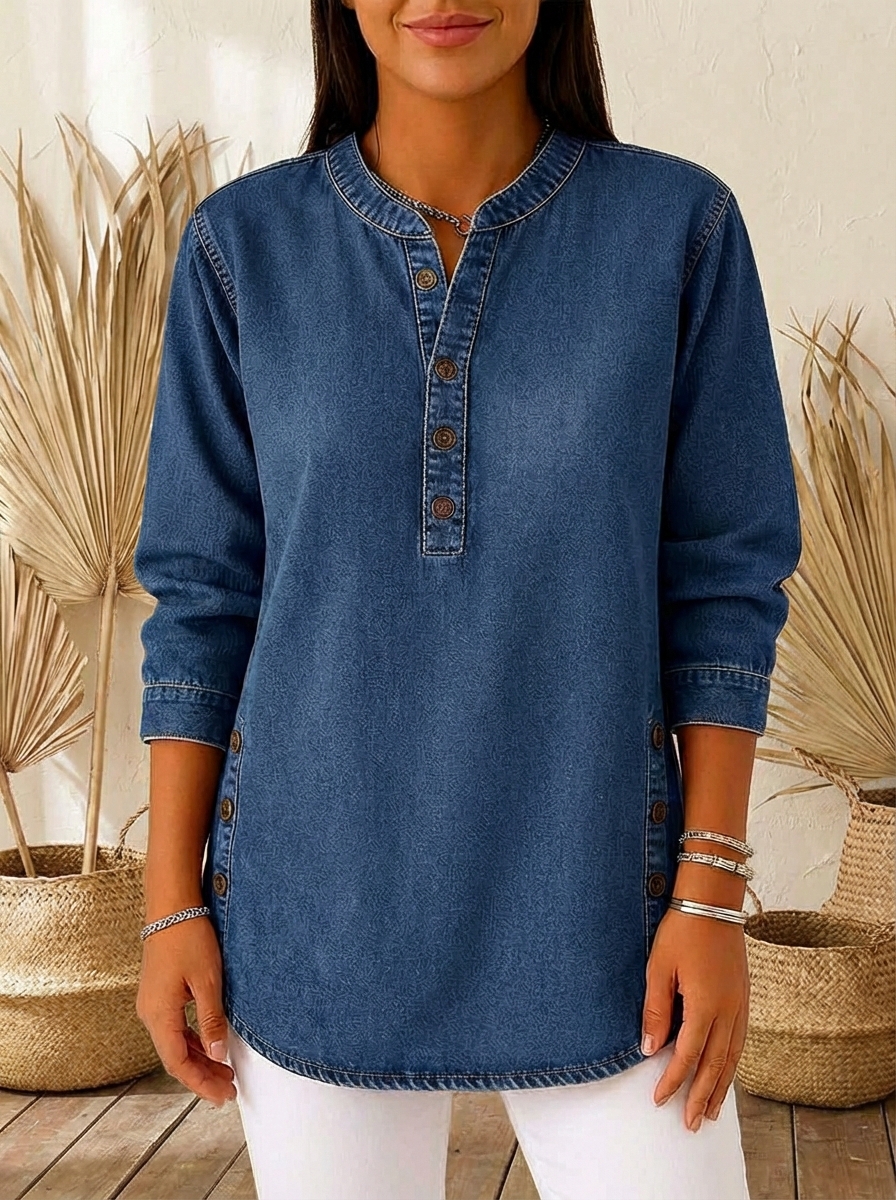 Women's Retro V-neck Long-sleeved Casual Button-up Loose Denim Top