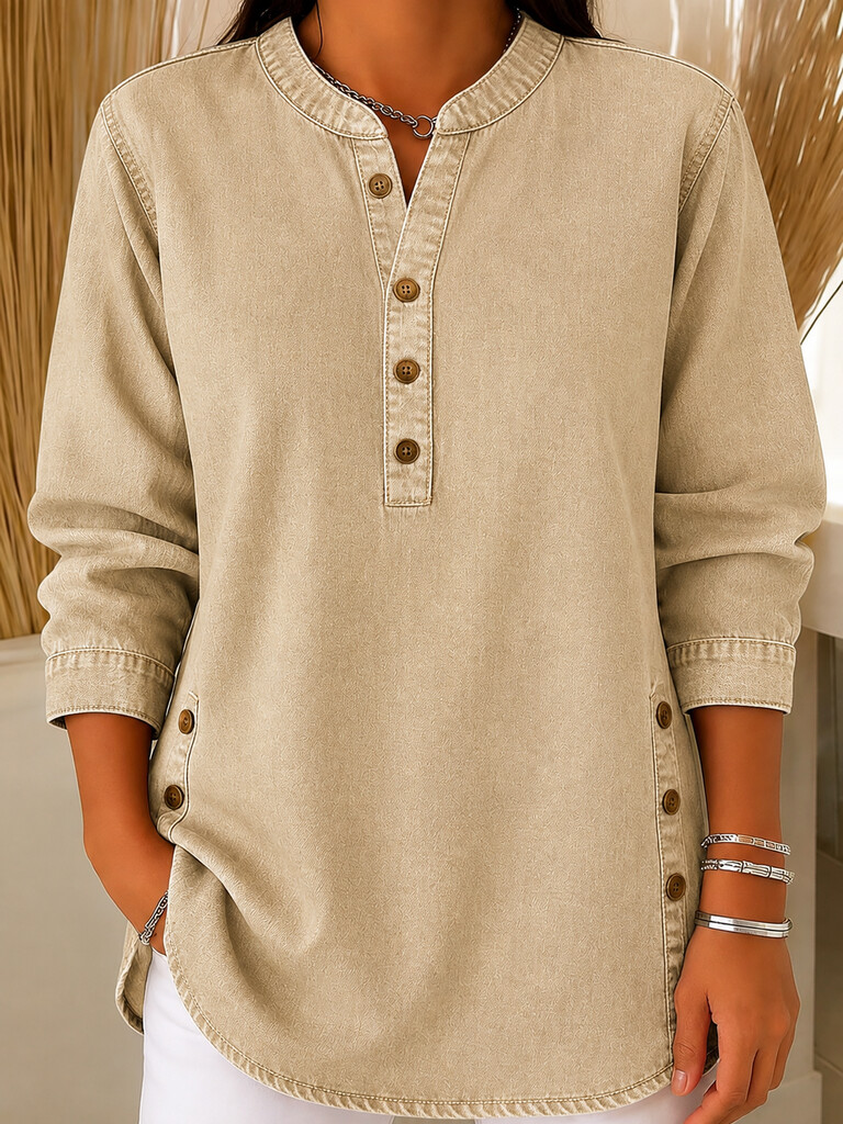Women's Retro V-neck Long-sleeved Casual Button-up Loose Denim Top