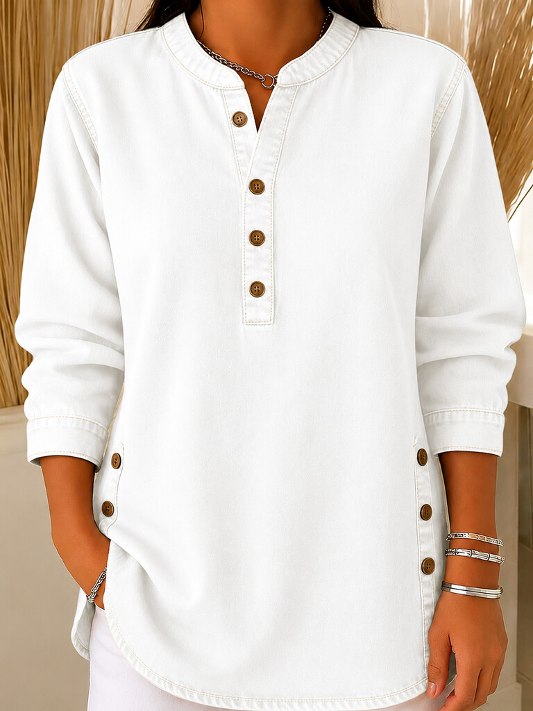 Women's Retro V-neck Long-sleeved Casual Button-up Loose Denim Top