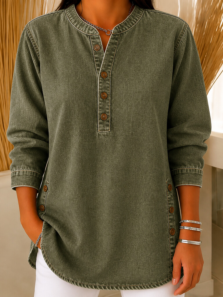 Women's Retro V-neck Long-sleeved Casual Button-up Loose Denim Top
