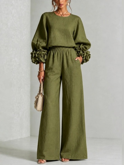 Chic 3D Rosette Sleeve Two-Piece Set