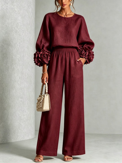 Chic 3D Rosette Sleeve Two-Piece Set