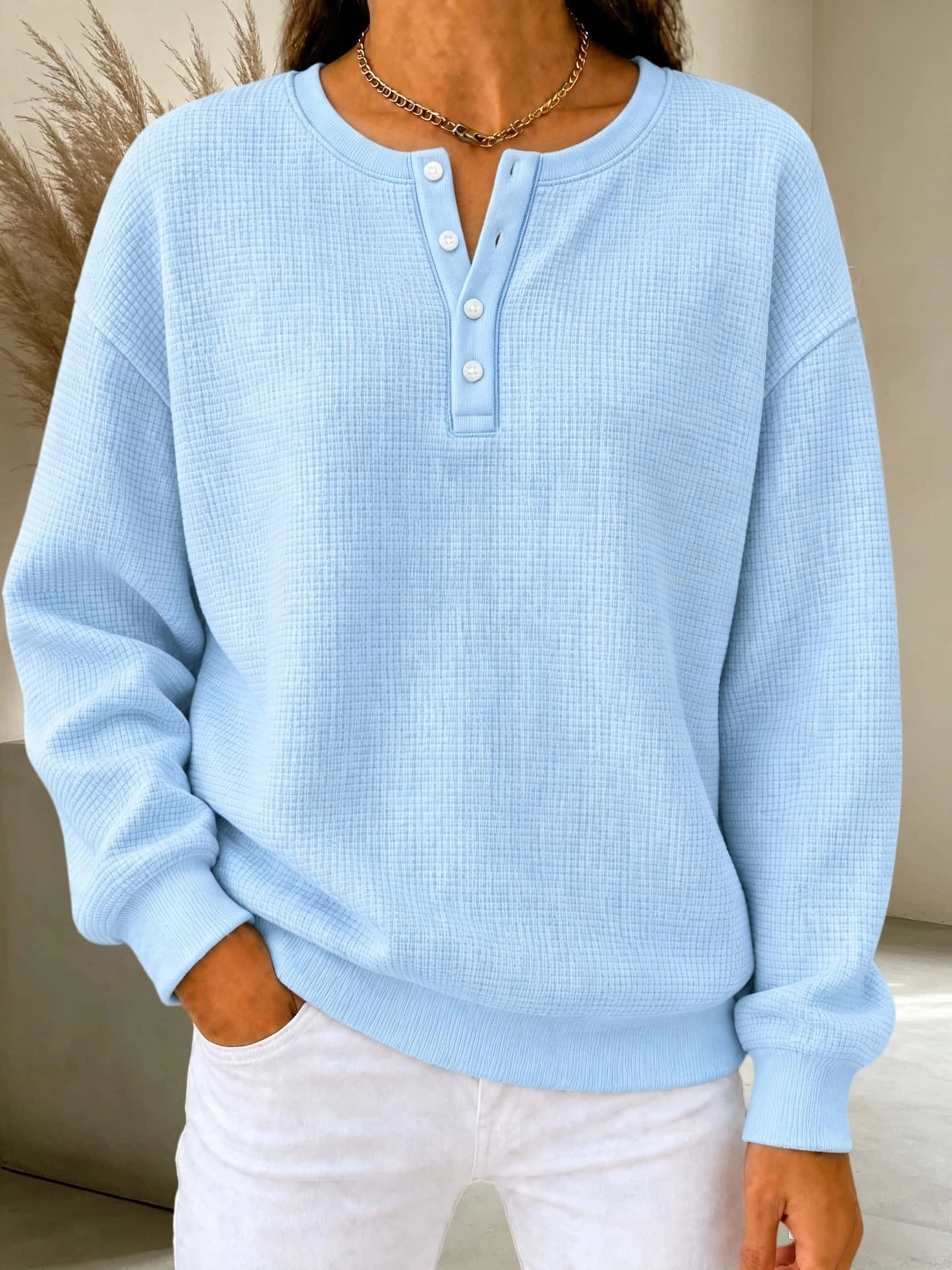 CLEARANCE SALE🔥Women's Waffle Knit Henley Sweatshirt