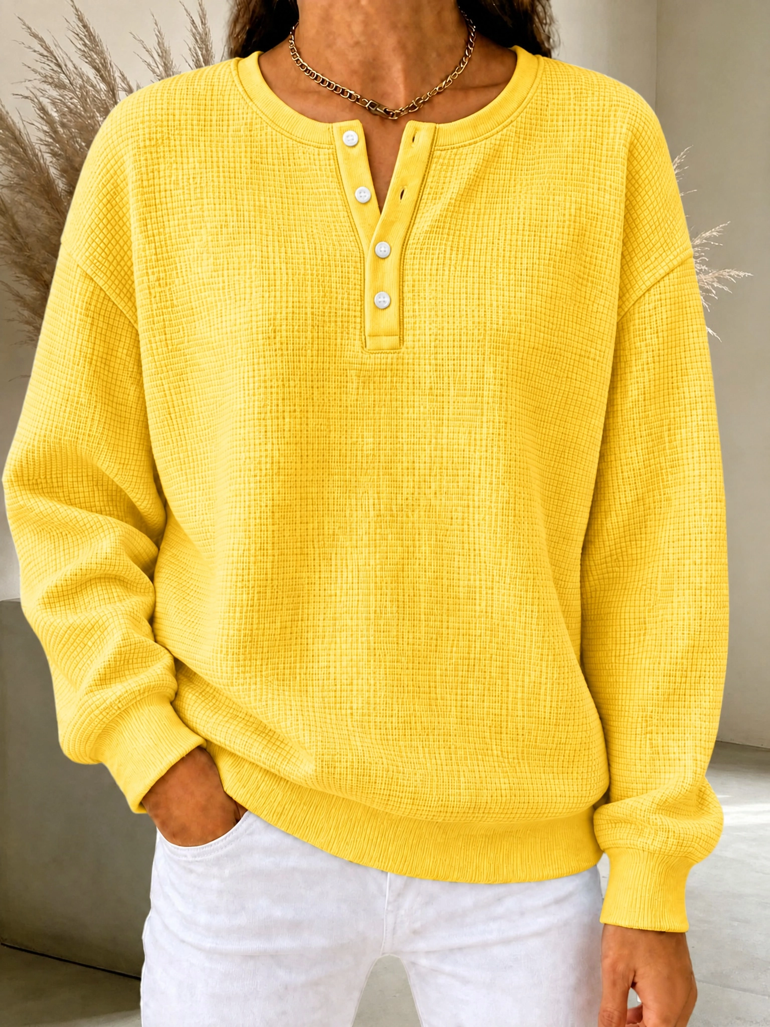 CLEARANCE SALE🔥Women's Waffle Knit Henley Sweatshirt